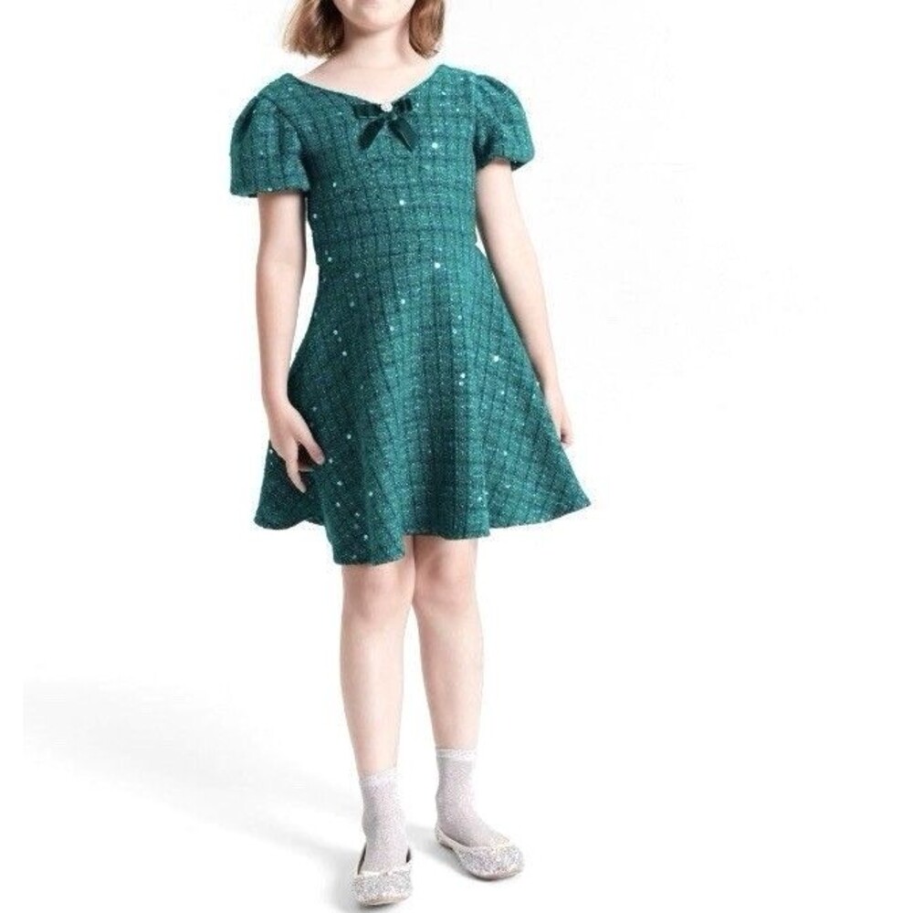 Rare Editions Girls Sequin Tweed Social Dress Hunter Green Size 8